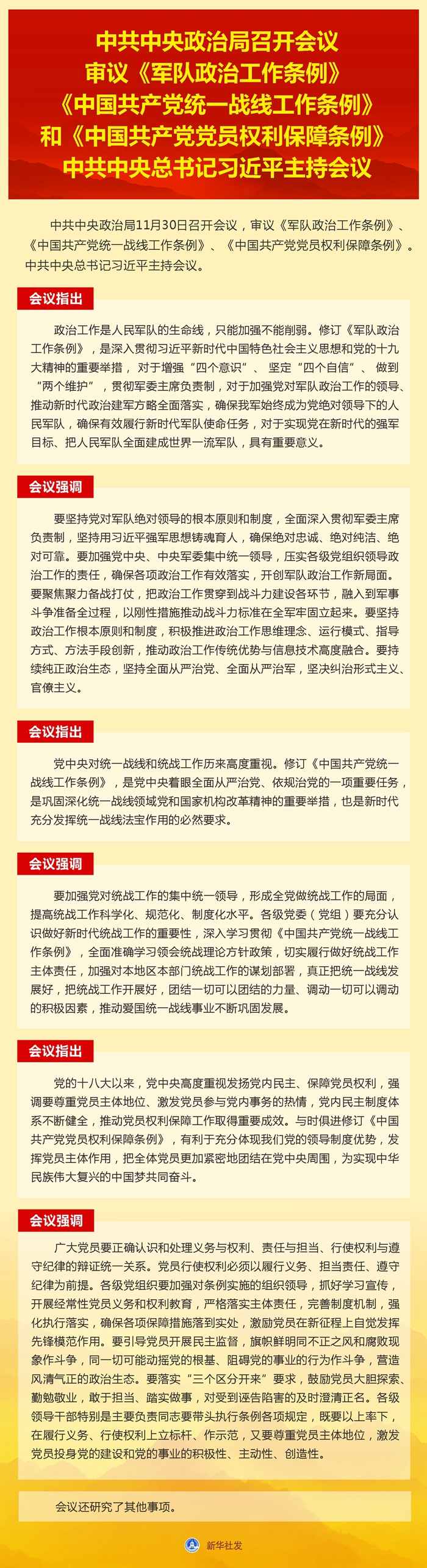 中共中央政治局召開會議 審議《軍隊政治工作條例》《中國共產(chǎn)黨統(tǒng)一戰(zhàn)線工作條例》和《中國共產(chǎn)黨黨員權(quán)利保障條例》